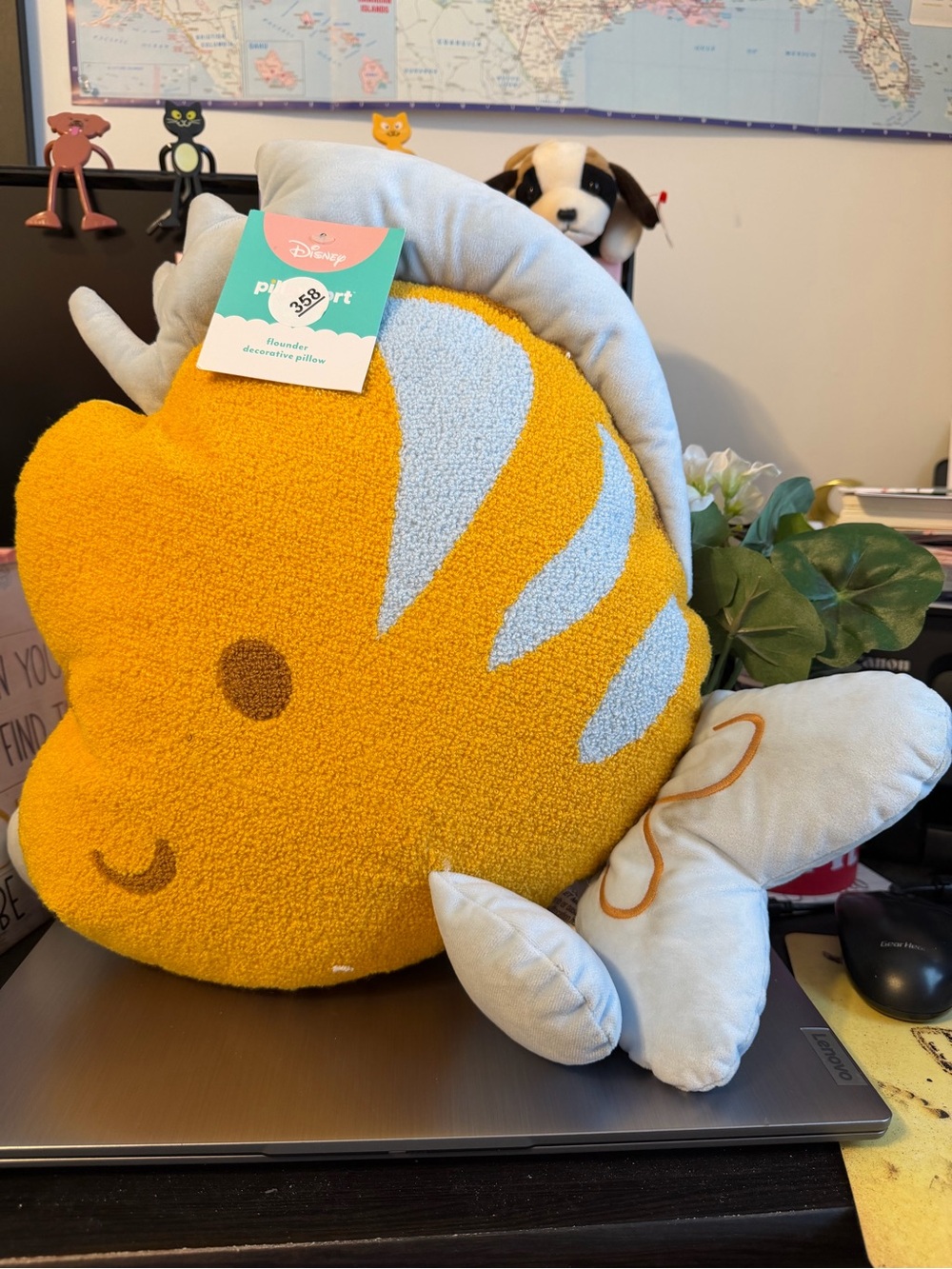 Disney Yellow and Light Blue Flounder Plush Decorative Pillow